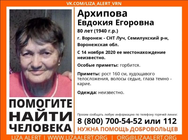 В Воронеже уже почти две недели ищут пропавшую 80-летнюю женщину В Воронеже уже почти две недели ищут пропавшую 80-летнюю женщину
