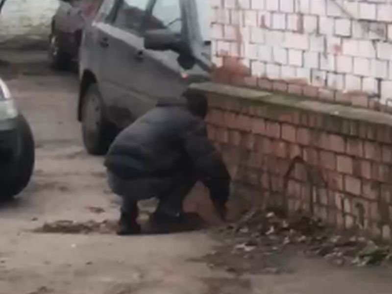На видео попало, как мужчина усердно роет землю руками во дворе Воронежа